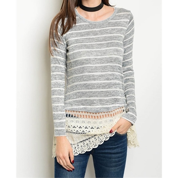 golden threads Sweaters - SMALL Grey Striped Long sleeve top Lace /Crochet